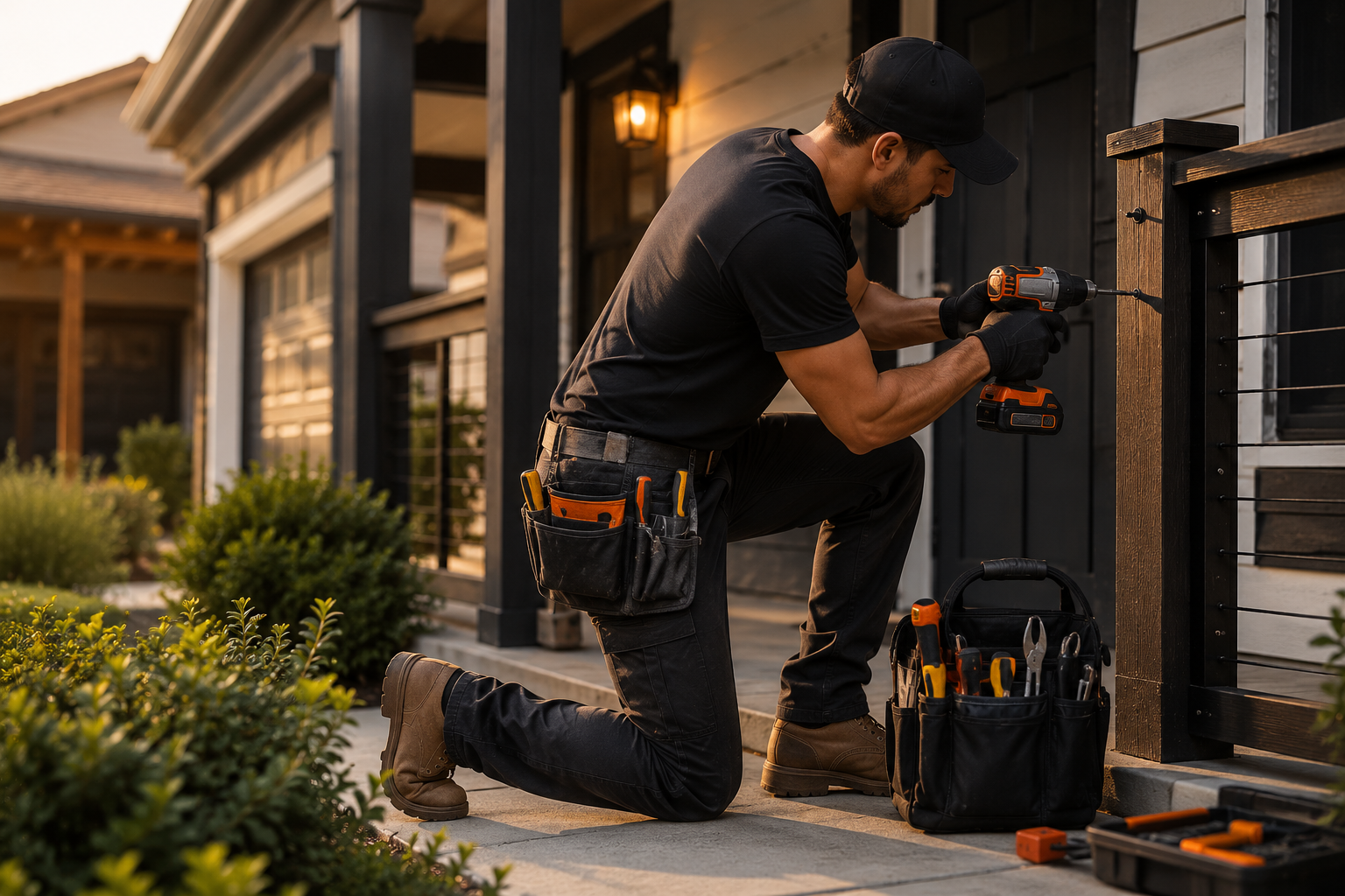 Pepe's Haulin handyman installing hardware with power drill at sunset