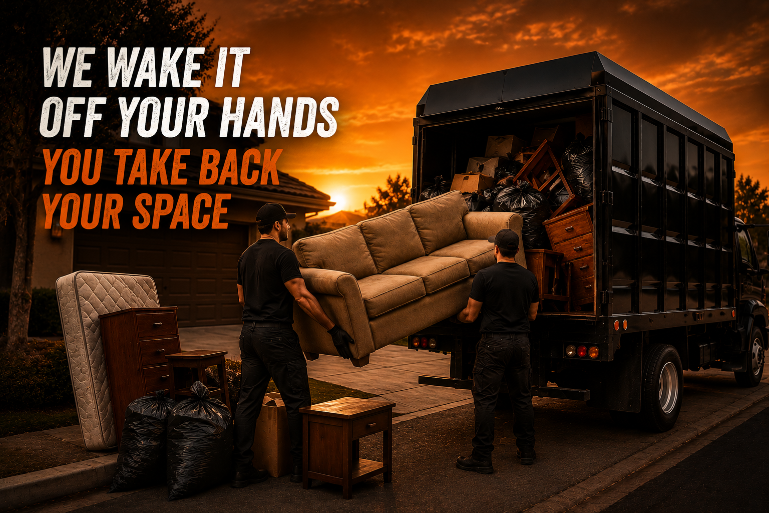 Pepe's Haulin crew loading furniture and mattresses into hauling truck at sunset